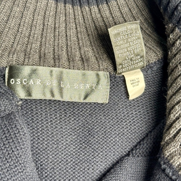 Oscar de la Renta Funnel Neck Cotton Dark Blue Ribbed Button Cardigan Sz XL - Picture 4 of 5